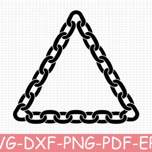 Könnte beinhalten: Eine schwarze grafische Darstellung eines dreieckigen Kettenrahmens. Das Design besteht aus einzelnen ovalen Gliedern, die zu einer geschlossenen Dreiecksform verbunden sind. Unter der Grafik steht der Text SVG-DXF-PNG-PDF-EPS in Weiß.