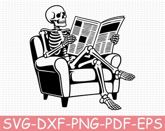 Skeleton Reading Newspaper Silhouette, Svg, Dxf, Png