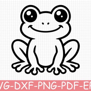 May include: A black and white line art illustration of a frog with large eyes and a smiling mouth. The design is centered on a white grid background. Below the frog, the text SVG-DXF-PNG-PDF-EPS is printed in white on a pink banner.