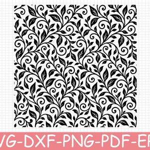 Könnte beinhalten: Ein schwarz-weißes digitales Grafikmuster mit einem sich wiederholenden Design aus wirbelnden Ranken und spitzen Blättern. Das Bild ist auf einem Rasterhintergrund platziert und enthält den Text SVG-DXF-PNG-PDF-EPS am unteren Rand.