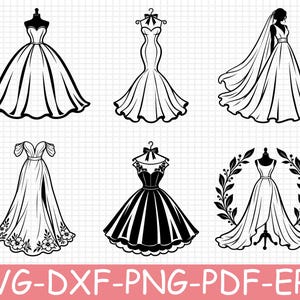 Könnte beinhalten: Eine Sammlung von sechs schwarz-weißen Vektorillustrationen, die verschiedene Brautkleidsilhouetten auf Kleiderbügeln oder Schaufensterpuppen zeigen, darunter Ballkleider, Meerjungfrauenstile und florale Akzente, mit dem Text SVG-DXF-PNG-PDF-EPS.