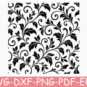 May include: A black and white digital graphic file featuring a repeating damask pattern of swirling vines and pointed leaves. The design is presented against a light grid background with the text SVG-DXF-PNG-PDF-EPS displayed at the bottom.