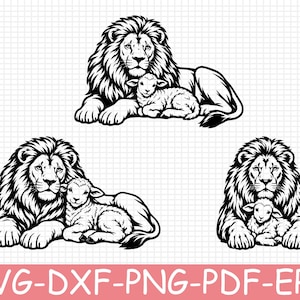 May include: A black and white graphic illustration featuring three distinct poses of a lion lying down with a lamb. The text SVG-DXF-PNG-PDF-EPS is printed in white at the bottom of the image against a light pink rectangular background.