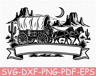 Frontier Wagon Emblem at Moonrise Silhouette, Svg, Dxf, Png