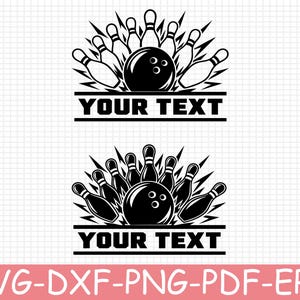 Pode incluir: Um design gráfico em preto e branco apresentando uma bola de boliche atingindo pinos com um efeito de explosão. Abaixo da ilustração, há uma faixa retangular contendo o texto YOUR TEXT em letras maiúsculas em negrito.