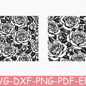 May include: Two square digital graphic files featuring a repeating black and white rose pattern. The design displays detailed floral illustrations of blooming roses, rosebuds, and leaves. The bottom text reads SVG-DXF-PNG-PDF-EPS.