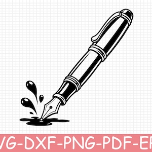 May include: A black and white graphic illustration of a fountain pen positioned at an angle. The pen features a detailed nib touching a pool of ink with several droplets splashing upward. The design is presented on a white grid background.