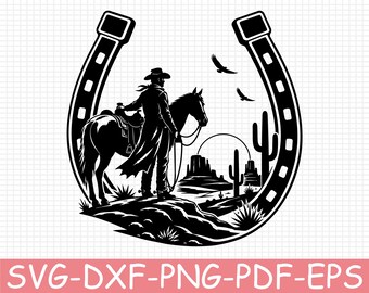 Cowboy Scene Silhouette, Svg, Dxf, Png