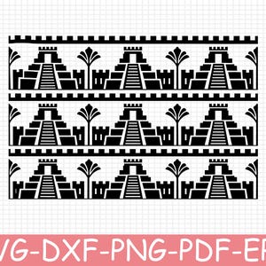 May include: A black and white digital graphic design featuring three horizontal rows of repeating patterns. Each row displays a series of stepped pyramid structures alternating with stylized palm trees and crenelated wall segments.