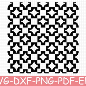 Puede incluir: Un patrón gráfico digital en blanco y negro que presenta un diseño geométrico repetitivo de estrellas de cuatro puntas y formas curvas. La imagen incluye el texto SVG-DXF-PNG-PDF-EPS en la parte inferior, indicando los formatos disponibles.