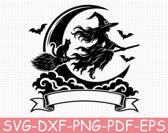 Witch’s Moonlit Flight with Cat Silhouette, Svg, Dxf, Png