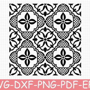 May include: A black and white digital graphic file featuring a repeating geometric pattern of four-petaled floral motifs enclosed in square frames with rounded corners, accented by cross-hatched details and symmetrical leaf-like shapes.