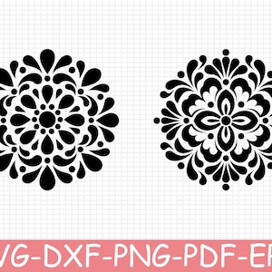 May include: Two black circular mandala designs on a white grid background. The left design features repeating teardrop shapes and dots. The right design displays a symmetrical floral pattern with curved petals and dots. Text reads SVG-DXF-PNG-PDF-EPS.