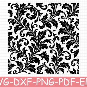 Op de afbeelding: Een zwart-witte digitale afbeelding met een herhalend damastpatroon van complexe, wervelende acanthusbladeren en sierlijke bloemmotieven. Het ontwerp staat op een rasterachtergrond met de tekst SVG-DXF-PNG-PDF-EPS aan de onderzijde.