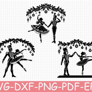 May include: Three black silhouette designs featuring a nutcracker and a ballerina dancing under a decorative arch of pine branches and hanging Christmas ornaments. The text at the bottom reads SVG-DXF-PNG-PDF-EPS in white on a pink background.