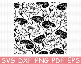 Seamless Lotus Pattern Silhouette, Svg, Dxf, Png