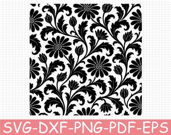 Seamless Daisy Acanthus Pattern Silhouette, Svg, Dxf, Png