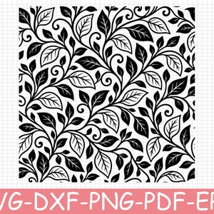 May include: A square digital graphic featuring a repeating pattern of black leaves and swirling vines on a white background. The design includes the text SVG-DXF-PNG-PDF-EPS in white letters on a pink rectangular bar at the bottom of the image.