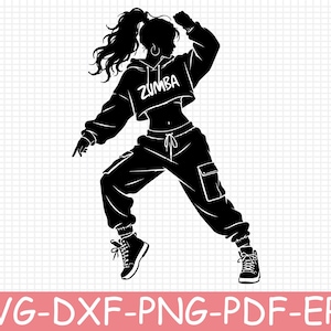 May include: A black silhouette graphic of a person with a high ponytail wearing a cropped hoodie with the text ZUMBA, cargo trousers, and high-top trainers in a dynamic dance pose. The design is presented on a white grid background with file formats.
