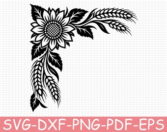 Sunflower and Wheat Corner Ornament Silhouette, Svg, Dxf, Png