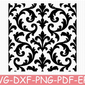May include: A black and white damask pattern featuring repeating symmetrical scrollwork and floral-inspired motifs. The design is presented as a digital graphic file, with the text SVG-DXF-PNG-PDF-EPS displayed in white on a pink banner below.