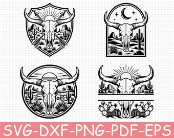 Longhorn Skull Desert Crest Silhouette, Svg, Dxf, Png