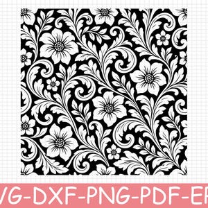 May include: A black and white digital graphic file featuring a repeating floral pattern with intricate swirling leaves and five-petaled flowers. The text SVG-DXF-PNG-PDF-EPS is displayed in white on a pink rectangular banner at the bottom.