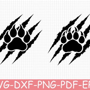 Könnte beinhalten: Zwei identische schwarze Grafikdesigns mit einem stilisierten Tierpfotenabdruck, der über vier diagonalen Krallenspuren zentriert ist. Das Design wird vor einem weißen Rasterhintergrund mit dem Text SVG-DXF-PNG-PDF-EPS am unteren Rand dargestellt.