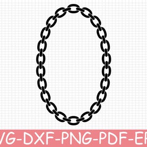 Pode incluir: Uma ilustração gráfica preta de uma moldura de elos de corrente em formato oval. O design consiste em elos ovais interconectados formando um laço contínuo. Abaixo do gráfico, o texto SVG-DXF-PNG-PDF-EPS é exibido em branco sobre um fundo rosa.