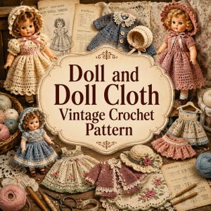 May include: A collection of crochet patterns for dolls and doll clothing, featuring a central sign with the text Doll and Doll Cloth Vintage Crochet Pattern, surrounded by various crocheted doll dresses, bonnets, jackets, and yarn balls.