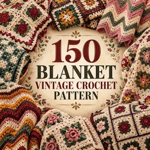 Könnte beinhalten: Eine Sammlung verschiedener gehäkelter Decken mit Blumen- und geometrischen Mustern in Rot-, Grün-, Gelb- und Cremetönen. Der zentrale Text lautet 150 BLANKET VINTAGE CROCHET PATTERN, umgeben von einer dekorativen Blattbordüre auf hellem Grund.