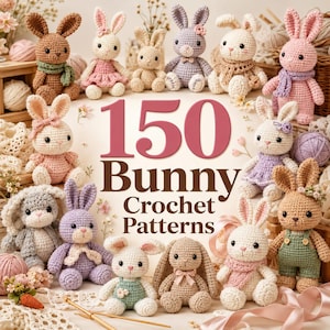 Könnte beinhalten: Eine Sammlung verschiedener gehäkelter Stoffhasen in unterschiedlichen Farben und Outfits, darunter Schals, Kleider und Latzhosen. Der Text 150 Bunny Crochet Patterns ist mittig in großen rosa und braunen Buchstaben dargestellt.