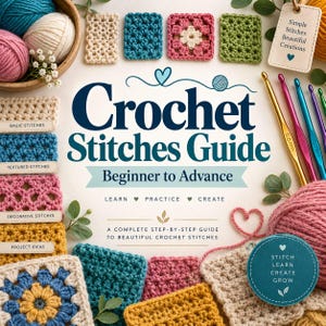 Op de afbeelding: Een boek getiteld Crochet Stitches Guide Beginner to Advance, met kleurrijke bollen garen, diverse gehaakte vierkante stalen en metalen haaknaalden. De kaft bevat tekst, kleine hartjes en labels voor basis-, textuur- en decoratieve steken.