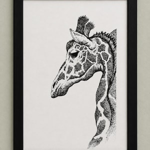May include: A black and white stippled ink illustration of a giraffe head and neck in profile, presented within a simple black rectangular frame. The artwork features detailed dot work to define the giraffe's characteristic coat pattern and features.