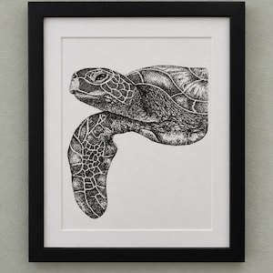 May include: A black and white stippled ink illustration of a sea turtle head and front flipper, presented in a simple black frame with a white mount. The detailed drawing captures the textured scales and eye of the turtle in high contrast.