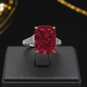 May include: A ring featuring a large, rectangular cushion-cut red gemstone set in a silver-toned metal band. The band is adorned with small, clear pavé-set stones extending from the central setting along the sides of the ring shank.