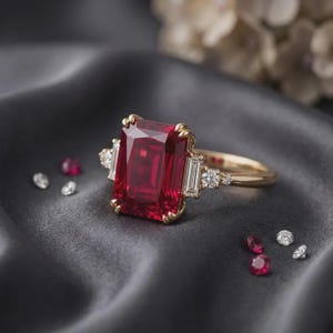 Op de afbeelding: Een gouden ring met een grote, smaragdgeslepen rode robijn als middensteen, geflankeerd door twee baguette-geslepen diamanten en twee kleine ronde diamanten aan weerszijden. Diverse losse, kleine ronde diamanten en twee kleine robijnen liggen erbij.