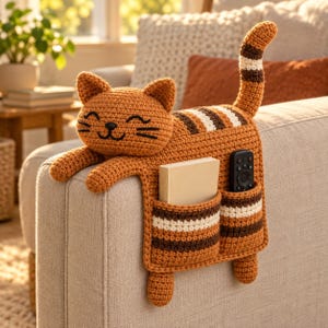 May include: A crocheted orange cat-shaped sofa armrest organizer featuring a striped tail, two front pockets, and a smiling face. The pockets contain a rectangular book and a black remote control. The cat is crafted with brown and white stripes.