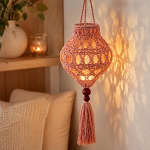 Puede incluir: Una linterna colgante de macramé en color rosa empolvado con un intrincado patrón de nudos, una luz interna brillante, dos cuentas de madera oscura en la base y una larga borla de flecos a juego. La linterna proyecta sombras decorativas en la pared.