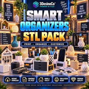 Peut inclure: Une collection numérique de fichiers imprimables en 3D intitulée SMART ORGANIZERS STL PACK. L'image présente divers organisateurs de bureau, porte-stylos, petits tiroirs et contenants géométriques blancs et noirs sur une surface.
