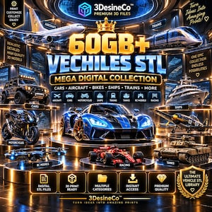 Puede incluir: Una colección digital de más de 60 GB de archivos STL de vehículos con modelos 3D de coches, aviones, motos, barcos, trenes, tanques y modelos RC. La imagen incluye el texto 3DesineCo, 60GB+ VECHILES STL y MEGA DIGITAL COLLECTION.