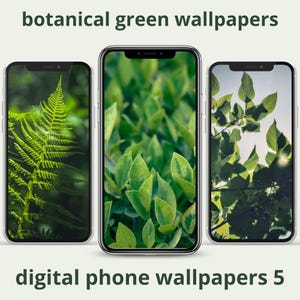 May include: Three smartphones displaying botanical green wallpapers. The left screen shows a fern leaf, the center screen shows dense green foliage, and the right screen shows backlit leaves. The text botanical green wallpapers and digital phone wallpapers 5 appears.