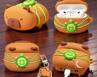 Kawaii capibara AirPods-hoesje met schildpadrugzak, schattige siliconen oordopjeshoes en bedeltje.