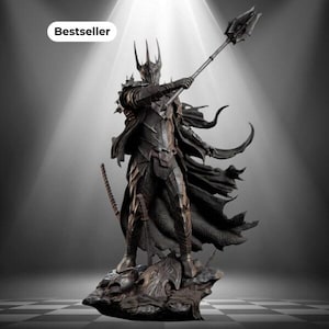 May include: A dark, armored figurine standing on a rocky base, holding a long-handled mace aloft. The figure wears a spiked helmet and layered, metallic-toned armor with a flowing cape. The word Bestseller is printed in a white rounded rectangle.