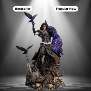 May include: A detailed figurine of a dark-haired character in a leather outfit, standing on a base of gnarled roots and skulls. The character holds a black raven aloft, while a second raven perches on a sword. Text reads Bestseller and Popular Now.