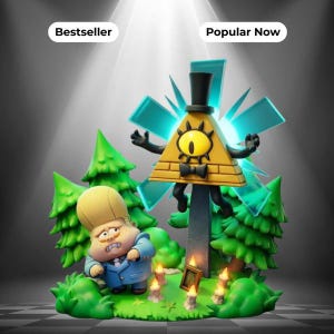 May include: A figurine set featuring a yellow triangular character with a single eye, black top hat, and bow tie, hovering above a small character with blonde hair in a blue suit, surrounded by green pine trees and small lit candles.