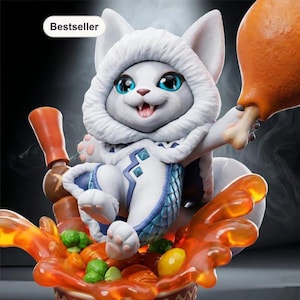 May include: A white cat figurine wearing a hooded cloak with blue accents, holding a large cooked chicken leg. The cat sits in a bowl of orange broth containing green broccoli and yellow vegetables. A white tag with the text Bestseller is visible.