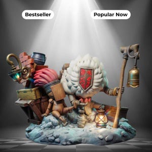 May include: A detailed fantasy figurine set featuring a small wooden character with a box head and a larger figure with white fur, a red glowing shield, and a staff with a hanging bell. Includes a lantern, wooden crates, and brick elements.