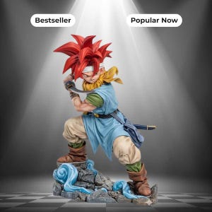 May include: A detailed figurine of a character with spiky red hair, wearing a light blue tunic, green undershirt, and brown boots, holding a curved sword. The figure stands on a rocky base with blue swirling accents. Text reads Bestseller and Popular Now.