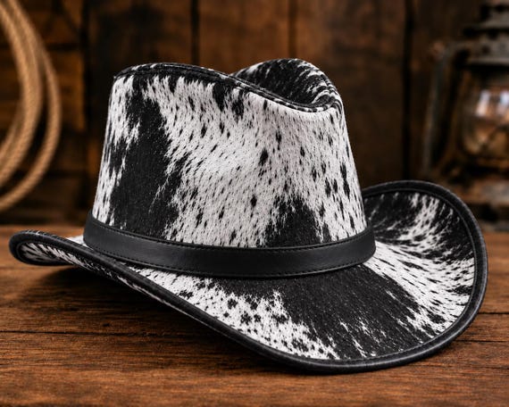 Black and White Cowhide Cowboy Hat, Western Leather Hat, Rustic Rancher Style